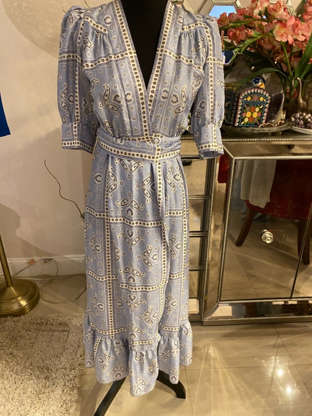Sandro Pale Blue Paisley Wrap Midi Dress S - Picture 6 of 10